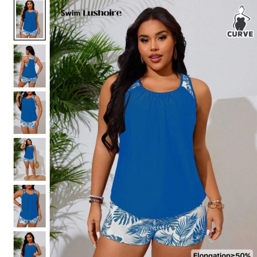 Swim Lushoire Summer Beach Plus Size Tropical Print Ruched Tankini